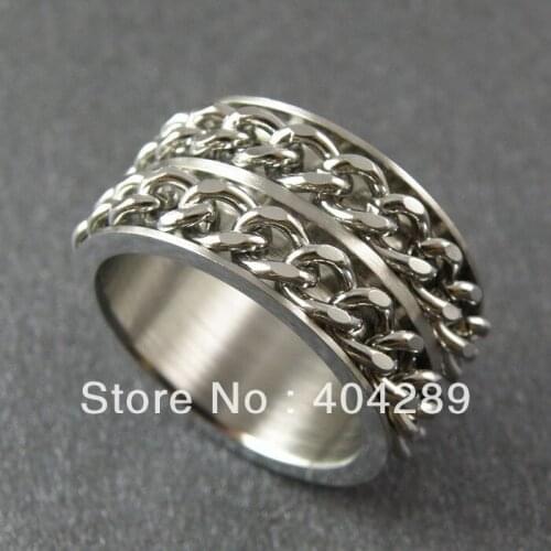 Wholesale 12Pcs Mens 12mm 316L Stainless Steel Double Chain Spinning Ring,Biker Rotae Rings