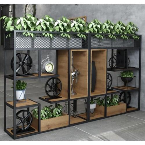 American iron art shelves, flower shelves, LOFT industrial style coffee shop decoration bookshelf, green plants, short screen