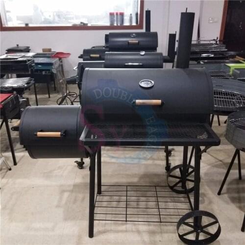 Europe courtyard wooden handle large charcoal barbecue bbq grills/black trolley chimney double carbon smoker oven with wheels