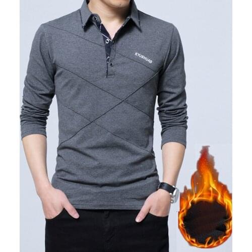 BROWON Brand Argyle Oversized T Shirt Long Sleeved Turn-Down Collar Plus Velvet Men Winter Clothes Soft Warm Cotton Men T-Shirt