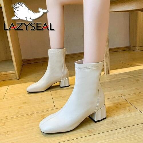 LazySeal Autumn 5.5cm Square Heels Ankle Boots Women Classic Back Zip Chelsea Ankle Boots For Women Shoes Plus Large Size 43