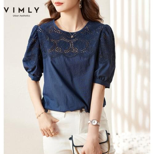 VIMLY Summer Lace Blouse For Women 2021 Fashion Hollow Out Embroidery Shirts Office Lady Thin Blouses Womens Casual Tops F7627