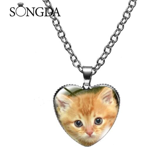 Newest Design Cartoon Black Cat Necklace Big Eyes Cat Face Art Photo Glass Heart Pendant Silver Color Chain for Pet Lovers Gift