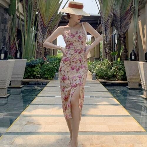 Fashion Summer Boho Beach Midi Dress Ladies Sexy Strap Backless Sweet Floral Print French Romantic Party Split Dress Vacation