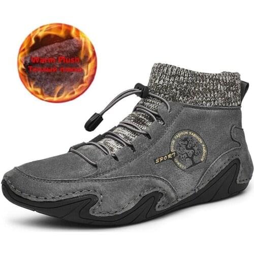 Cow Suede Leather Men Boots Plush Fur Boots High Top Casual Shoes Big Size 48 47 Handmade Sneakers Beige Gray Leisure Flats Man