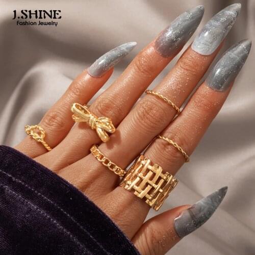 JShine 6Pcs/Set Bow-knot Joint Ring Sets for Women Gold Color Wide Hollow Geometric Alloy Metal Finger Jewelry Anillo