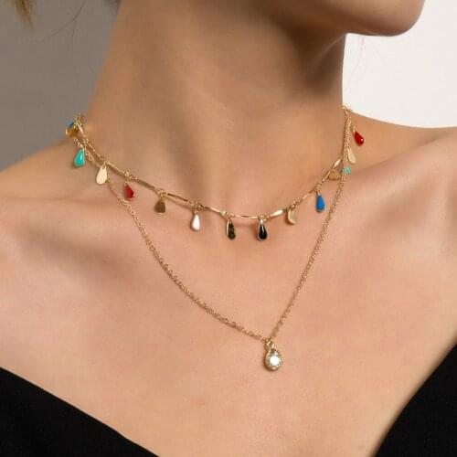 Fashion Elegant Colorful Water Drop Gem Rhinestone Pendant Necklace for Women Double Layers Clavicle Necklace Jewelry Gift