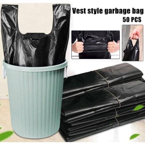 50Pcs Black Disposable Garbage Bag Plastic Sturdy T Shirt Bags Thickened Grocery Bags Durable Household Cleaning Accessories