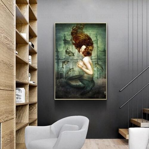 WEIWEI Poster Print The Mermaids Pearl Oil Painting Canvas Wall Art Pictures For Living Room Home Decor
