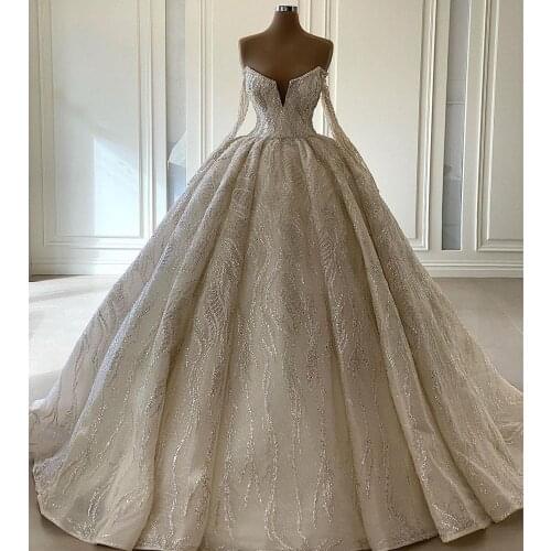 Vestidos De Novia 2021 A Line Wedding Dresses V Neckline Beads Crystal Long Sleeves Bridal Dresses Mariage Bride Dresses