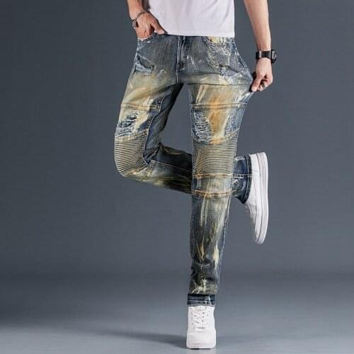 VIntage Patchwork Motorcycle Bikers Jeans Men Distressed Hole Ripped Elastic Straight Pencil Pants Streetwear Punk Mens Jeans