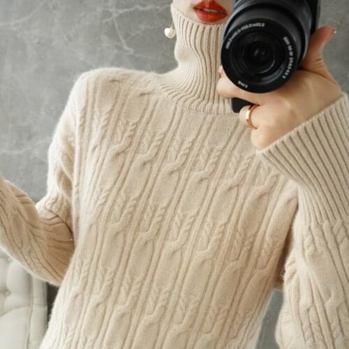 2021 New Plus Size Knit Cashmere Sweater Women Fall/Winter High Neck Base Shirt Twist Thick 100%Pure Wool Pullover Wild Warm Top