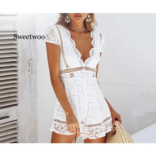 2020 Sexy Deep V-neck Hollow Out White Lace Women Playsuit Embroidery Cotton Jumpsuit Elegant Party Rompers Overalls