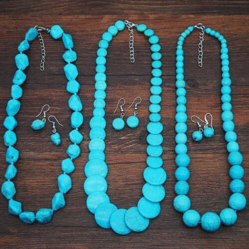 Retro Ethnic Vintage Party Wedding Necklace Set Drop Earrings Women Blue Howlite Stone Turquoises Necklace Set Boho Jewelry Sets
