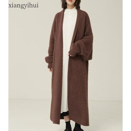 Women Oversized Imitation Mink Fur Mid-length Knitted Cardigans Casual Loose Batwing Long Sleeve Sweater Female Knit Outwear