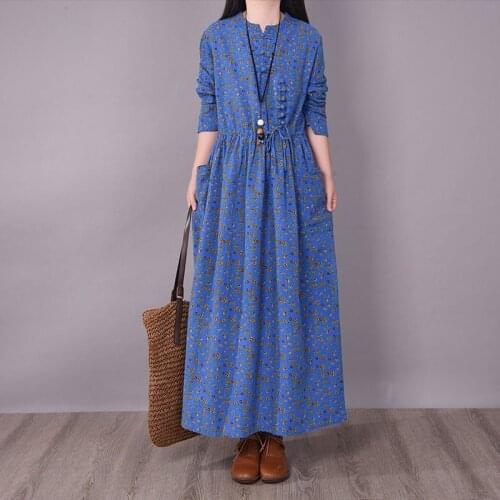 Cotton Linen Vintage Print Long Dress New Arrival 2021 Autumn Arts Style Women Long Sleeve Loose Maxi Dress Double Pocket