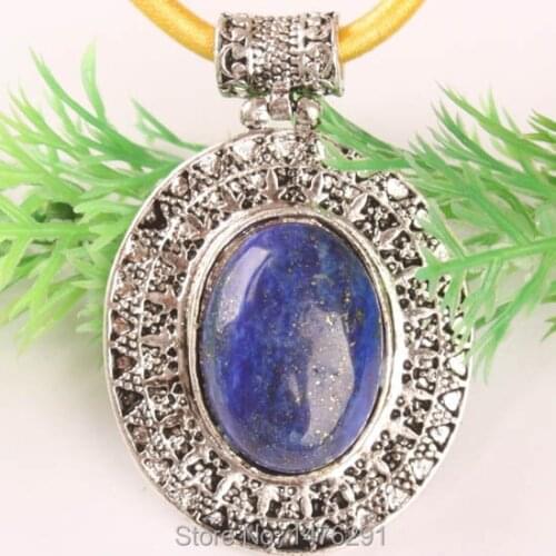 Tibetan Silver Lapis Lazuli Gems Oval Bead Pendant 1PCS