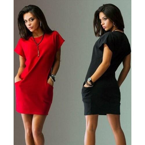 2018 Women Casual Dress Straight Short Sleeve Solid O-neck Female Mini Dress with Pocket sexy Dresses Plus Size Women Clothing