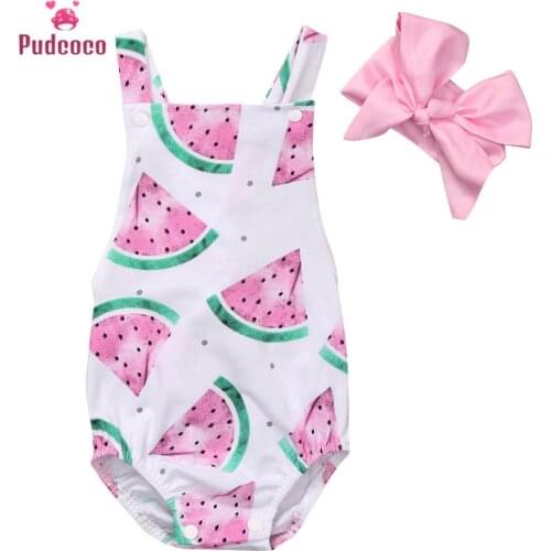 2019 Summer Baby Girls Clothes Sleeveless Watermelon Infant Bebes Romper Backless Halter Jumpsuit +Headband 2pcs Outfit Sunsuit