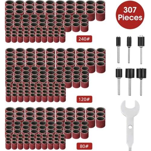307 Pieces Drum Sander Set Sanding Drum Kit 300 Pieces Sanding Band Sleeves (80#/120#/240#) + 6 Pieces Drum Mandrels for Dremel