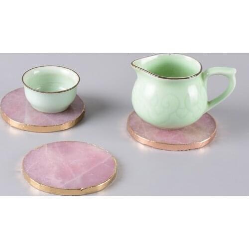 8-10 cm Gems Crafts Pad Rose Quartz Round Shape slice Natural Stone Electroplated gold Edge Coaster Cup Beverage Holder Mat
