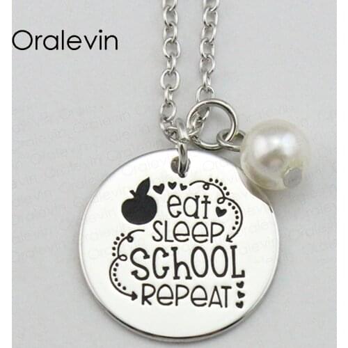 EAT SLEEP SCHOOL REPEAT Inspirational Hand Stamped Engraved Custom Pendant Necklace for Women Gift Jewelry,10Pcs/Lot, #LN2016