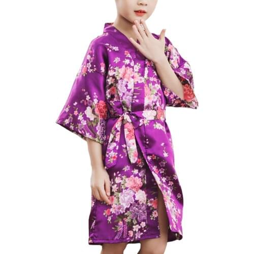 Kids Satin Floral Kimono Purple Cherry Robe Nightgown Bathrobe for Wedding Party