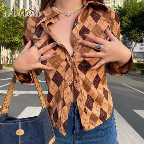 ArtSu T-Shirts Women Y2K Clothes Autumn Winter Vintage Plaid Tees Femme Streetwear Button Up Sexy Brown Top Graphic T Shirts