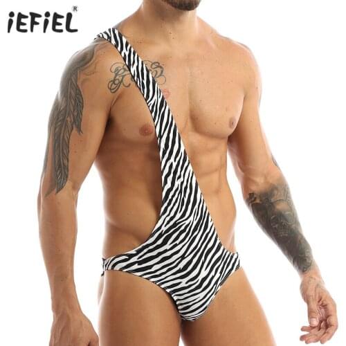 Hot Sexy Exotic Men One-shoulder Bodysuit Catsuit Stretchy Zebra Striped Sissy Lingerie Thong Mankini Bodysuit Tanga Underwear