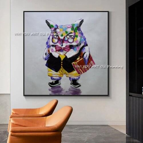Colorful Cute Animal Owl Oil Painting On Canvas 100% Handmade Modern Abstract Wall Art Picture For Kid 's Living Home Decor