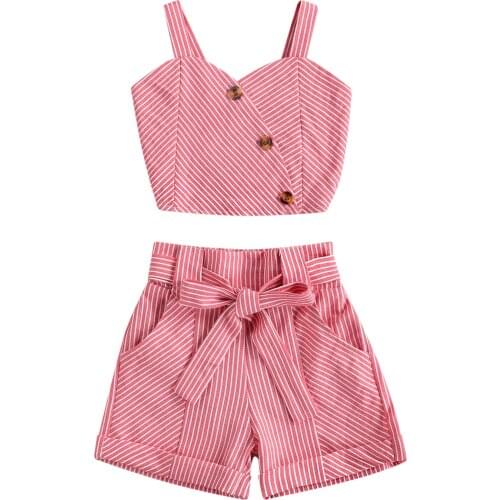 Kids Baby Girl Summer Outfits Striped Two Pieces Suit Straps Buttons Crop Tank Top+Belt Shorts Casual Child Girl Party Sets 2-7Y