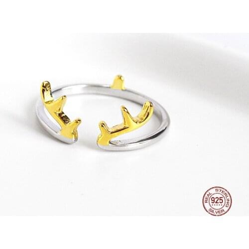 LKO Chic Design Antlers 925 Sterling Silver Adjustable Finger Rings for Women Simplicity Cute Fine Ring Jewelry Ornaments
