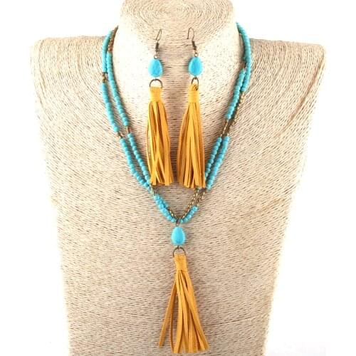 Fashion Jewelry Set Red/Turq Stone Yelloy Tassel Choker Necklace Earring set