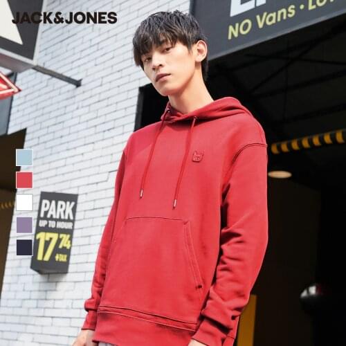 JackJones Mens 100% Cotton Unisex Lovers Loose Fit Embroidered Patch Pullover Hoodie|220133502