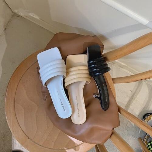 Summer Women Slippers Square Toe Thin Low Heels Fashion Slides Black/White/Yellow Summer Elegant Slides Simple Shallow Mules