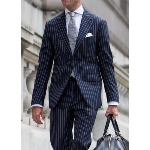New Navy Blue Striped Suit Men Vintage Tailored Slim Business Suits Dinner Suits Prom Dresses Groom Wear 2 Pieces(Jacket+Pants)