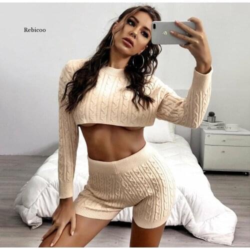 Autumn Winter Newest Women Knitted Sets O-Neck Bat Sleeve Loose Casual All Matching Crop Tops + High Waist Bodycon Shorts Sets