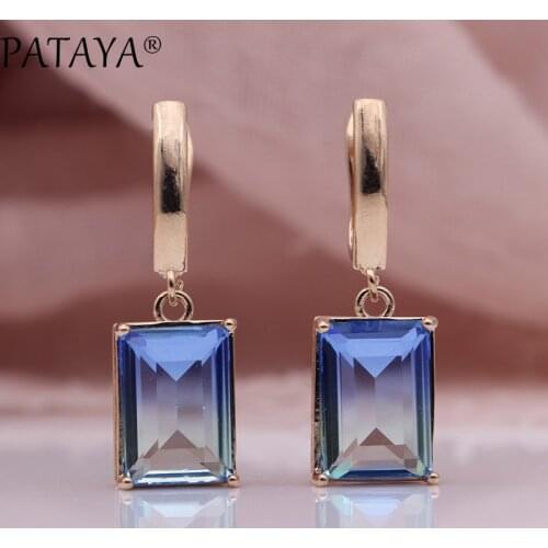 PATAYA New Square Gradient Blue Long Earrings Women Fashion 585 Rose Gold Fine Jewelry Tourmaline Zircon Glass Dangle Earrings