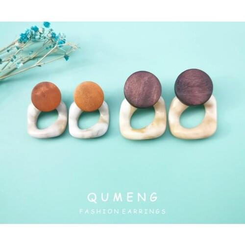 QUMENG Fashion Big Resin stud Earrings For Women 2020 vintage Acetate Large Korea Square Earrings Trendy Wood Geometric Jewelry
