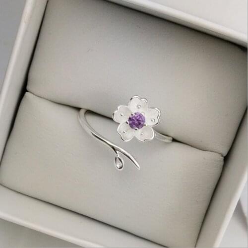 Cute Sakura Adjustable Ring Flower Shaped Silver Color Ring Best Jewelry Opening Ring Fashion Pink&Purple Korea Style Gifts