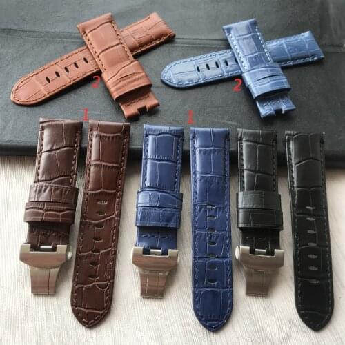 24mm Handmade Black blue Stitched Genuine Calf Leather Watch Strap Band For deployment buckle Watchband Strap for Panerai PAM