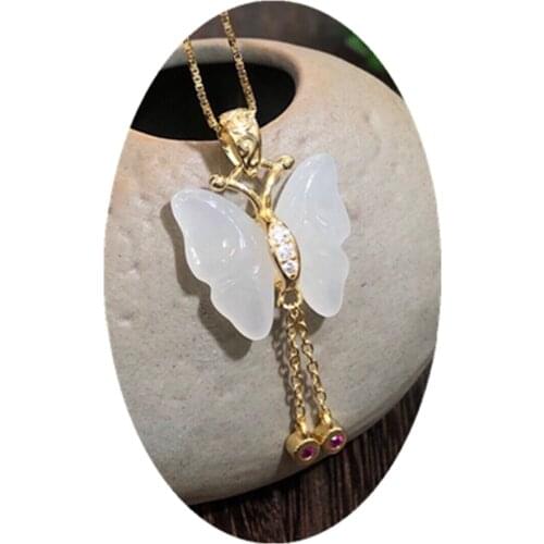 S925 Silver Vintage Butterfly Gem Natural White Jade Healing Crystal Pendant Necklace Grade A