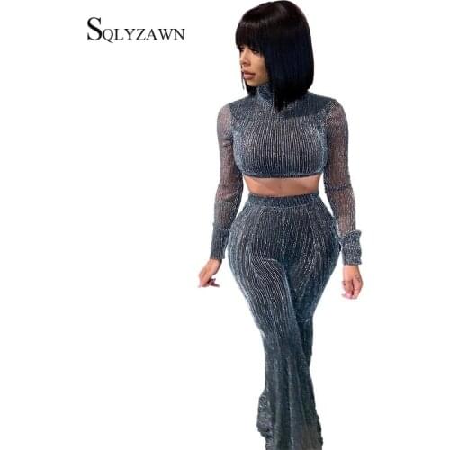 Sexy Glitter Mesh Transparent 2 Piece Set Women Turtleneck Crop Top + Flare Palazzo Pants Silver Vintage Club Matching Outfits