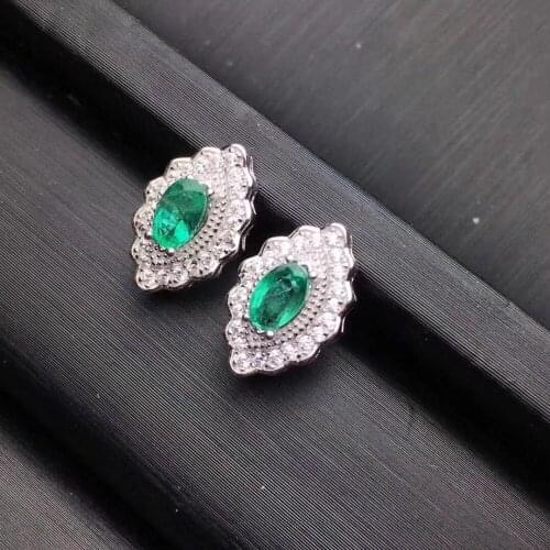Earring Natural emerald earring Free shipping Real original emerald 925 sterling silver 3*5mm 2pcs