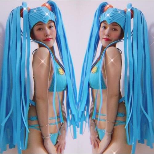 Exaggerated foam wig Blue Cosplay Double tail