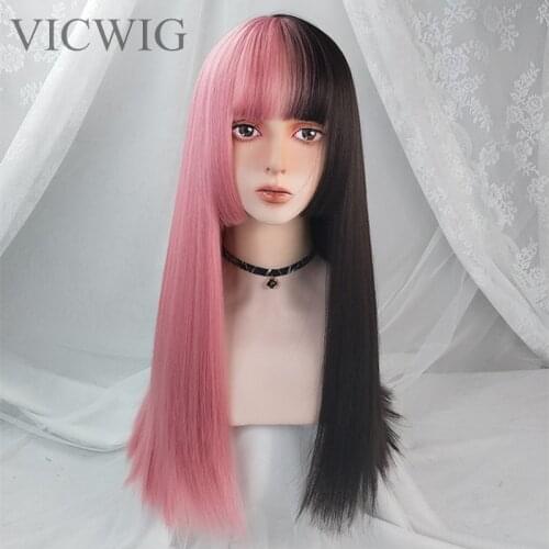 VICWIG Long Straight Synthetic Hair Pink and Black Two-color Stitching Wig with Bangs for Women Heat-resistant Rose Net