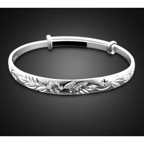 Vintage 100% 925 Sterling Silver Peony flower Bracelet Women Fashion Push-pull Adjustable Bracelet & Bangles Fine Jewelry Gift