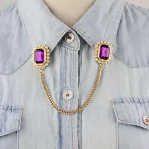 Ahmed Simple Vintage Gold Color Colorful Crystal Chain Pendant Shirt Collar Brooch for Women Child Fashion Jewelry Accessories