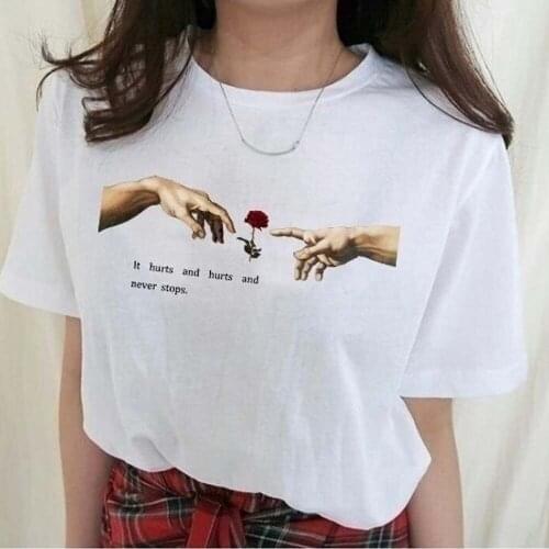 Michelangelo Creation of Adam Hands Printed T shirt Women Rose Flower Cotton Short Sleeve Funny T shirt Streetwear Tee Tops