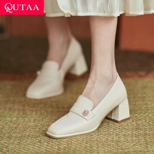 QUTAA 2021 Retro Square Toe Female Square High Heels Spring Autumn Microfiber Basic All Match Women Shoes Big Size 34-43